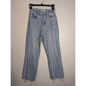 Zara Women's Straight Leg Jeans Light Wash High Rise Size 0‎ Raw Hem 24” Waist